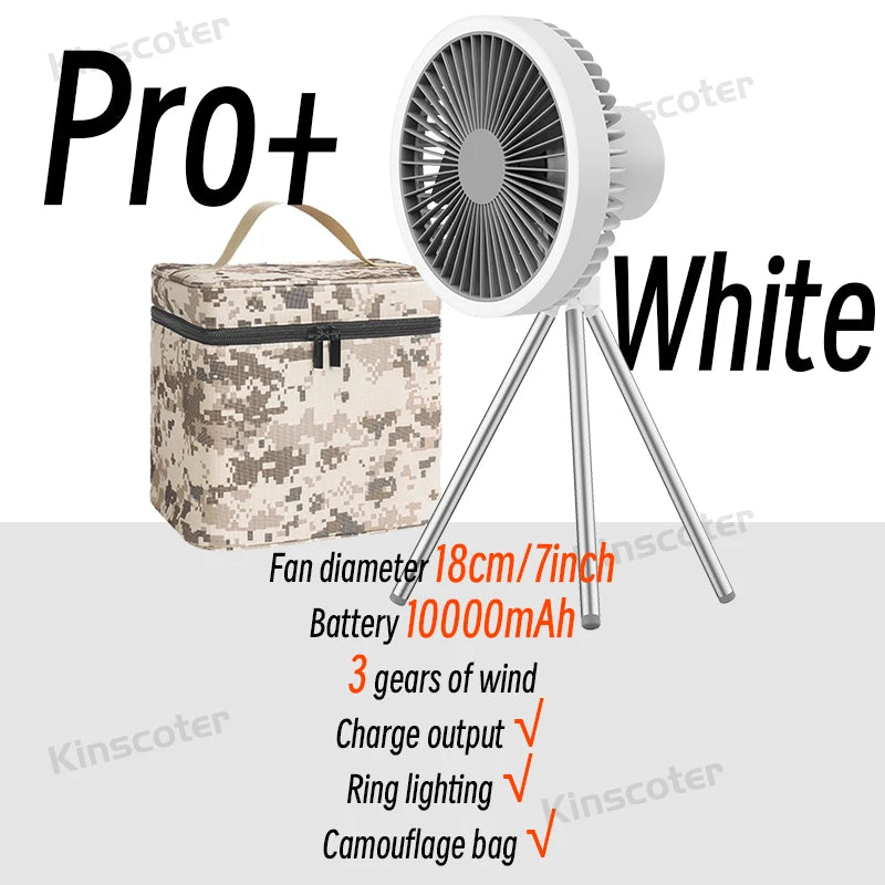 Ventilador Portátil Recarregável 10000mAh – Tripé Dobrável, LED, Power Bank | Uso Interno e Externo