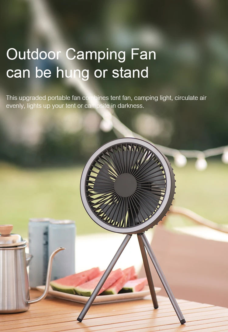 Ventilador Portátil Recarregável 10000mAh – Tripé Dobrável, LED, Power Bank | Uso Interno e Externo