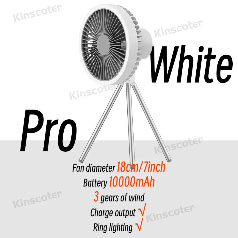 Ventilador Portátil Recarregável 10000mAh – Tripé Dobrável, LED, Power Bank | Uso Interno e Externo