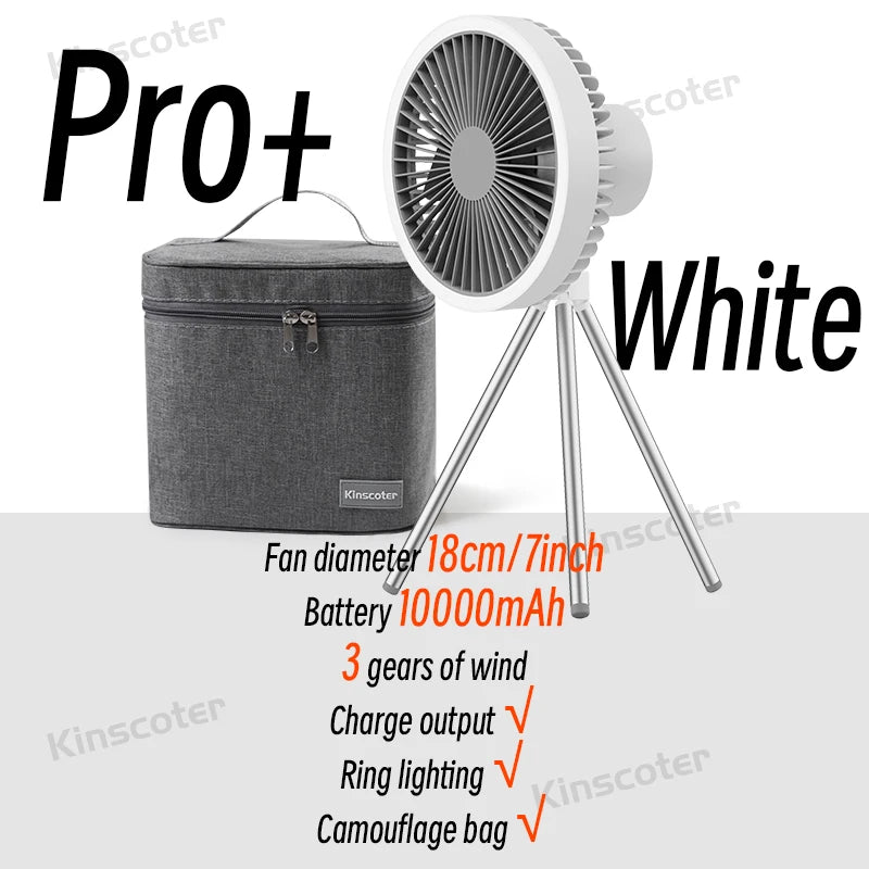 Ventilador Portátil Recarregável 10000mAh – Tripé Dobrável, LED, Power Bank | Uso Interno e Externo