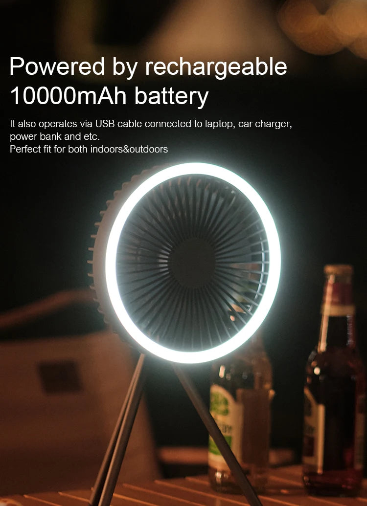 Ventilador Portátil Recarregável 10000mAh – Tripé Dobrável, LED, Power Bank | Uso Interno e Externo