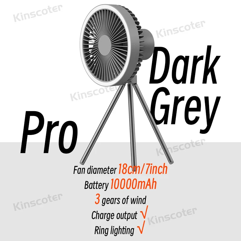 Ventilador Portátil Recarregável 10000mAh – Tripé Dobrável, LED, Power Bank | Uso Interno e Externo