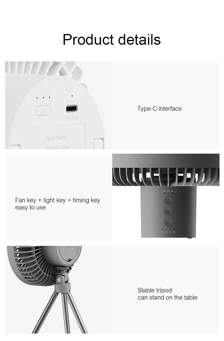 Ventilador Portátil Recarregável 10000mAh – Tripé Dobrável, LED, Power Bank | Uso Interno e Externo
