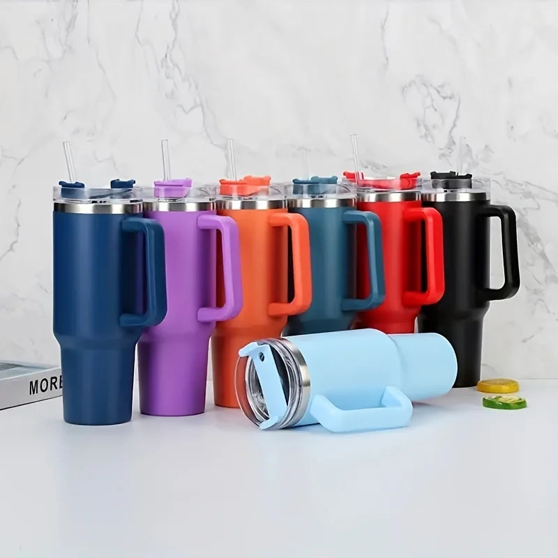 Garrafa Térmica 40oz (1,18L) em Aço Inox – Com Tampa, Canudo e Alça – Mantém Bebidas Frias ou Quentes