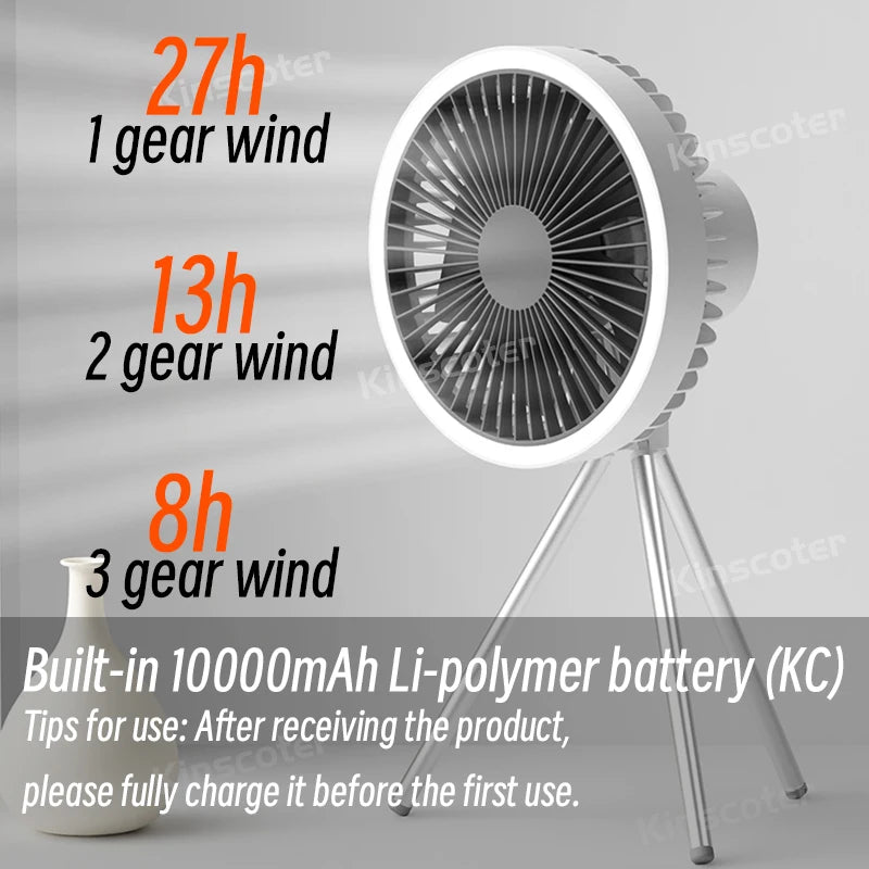Ventilador Portátil Recarregável 10000mAh – Tripé Dobrável, LED, Power Bank | Uso Interno e Externo
