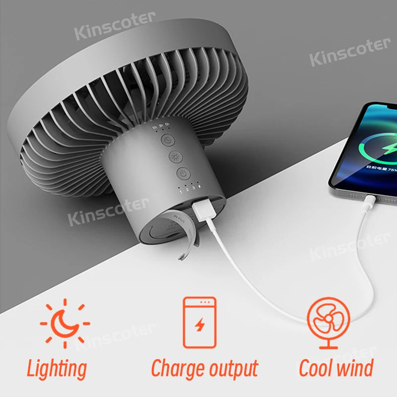 Ventilador Portátil Recarregável 10000mAh – Tripé Dobrável, LED, Power Bank | Uso Interno e Externo