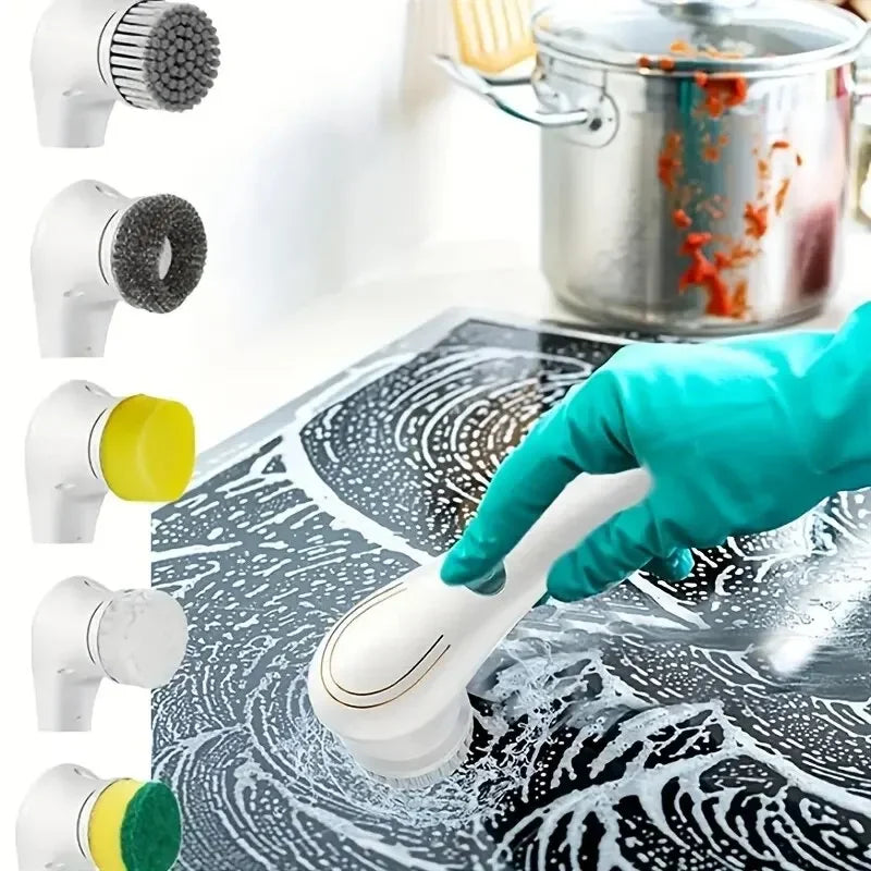 Escova Elétrica de Limpeza 5 em 1 – Multifuncional para Banheiro e Cozinha