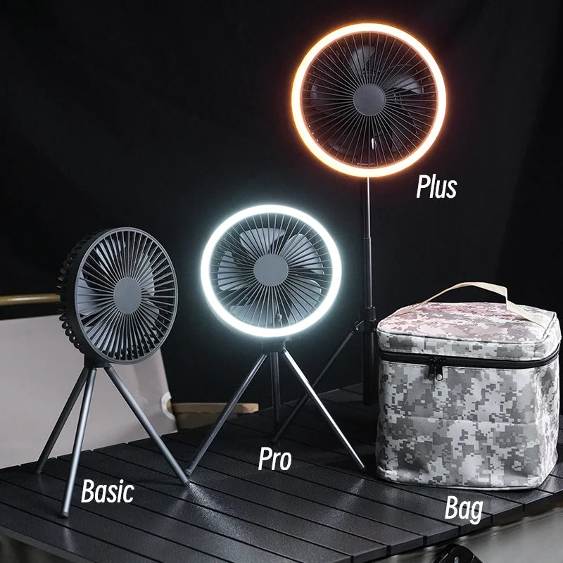 Ventilador Portátil Recarregável 10000mAh – Tripé Dobrável, LED, Power Bank | Uso Interno e Externo