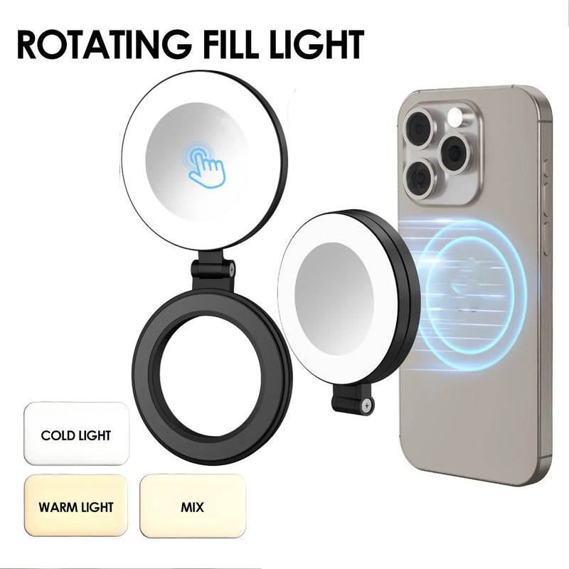Luz de Selfie Portatil Para Celular LED – Brilho Ajustável + Espelho Integrado