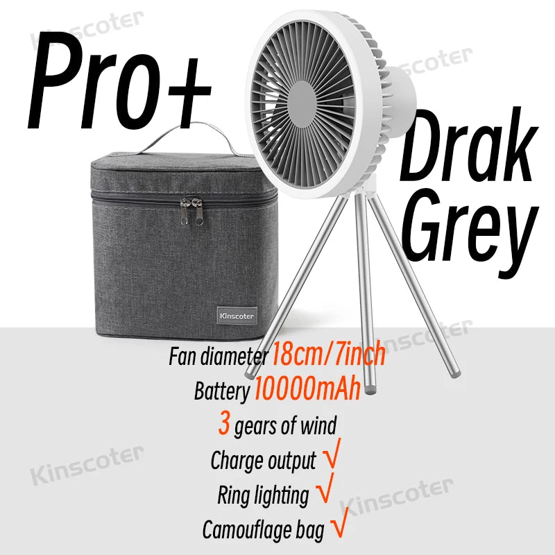Ventilador Portátil Recarregável 10000mAh – Tripé Dobrável, LED, Power Bank | Uso Interno e Externo