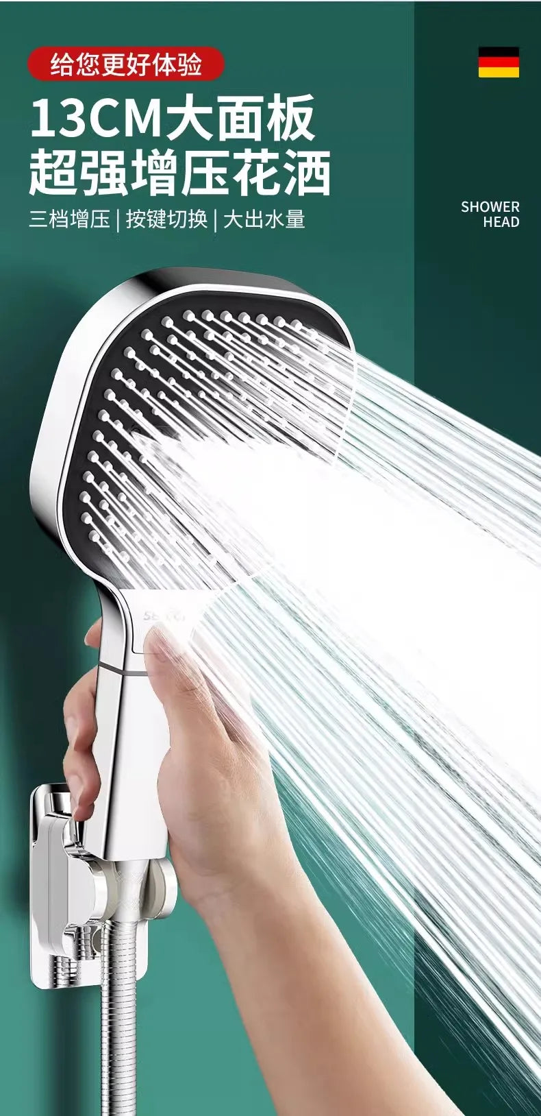 Chuveiro de Mão 13CM com 3 Modos – Alta Pressão, Massagem e Filtro Integrado