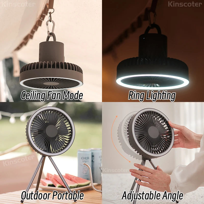 Ventilador Portátil Recarregável 10000mAh – Tripé Dobrável, LED, Power Bank | Uso Interno e Externo