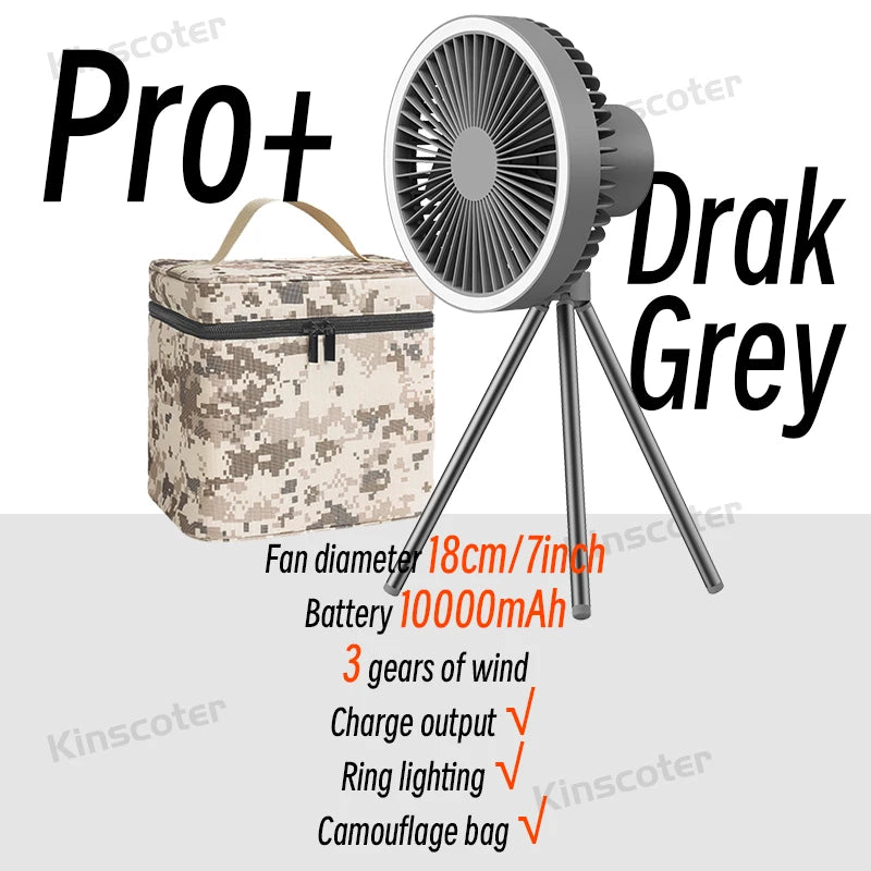 Ventilador Portátil Recarregável 10000mAh – Tripé Dobrável, LED, Power Bank | Uso Interno e Externo