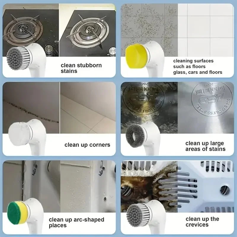 Escova Elétrica de Limpeza 5 em 1 – Multifuncional para Banheiro e Cozinha