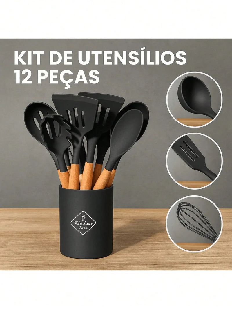 Kit de Utensílios de Cozinha em Silicone 12 Peças Jogo Conjunto Completo Casa