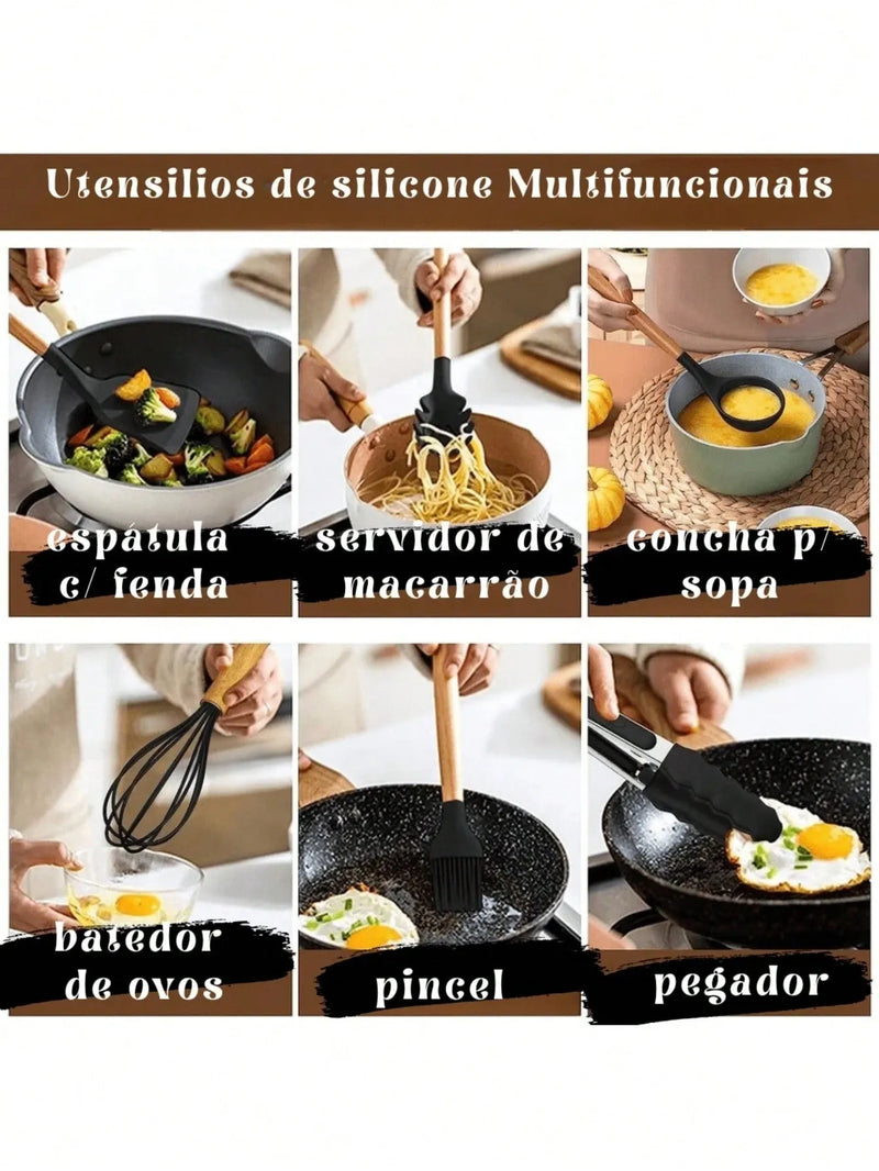 Kit de Utensílios de Cozinha em Silicone 12 Peças Jogo Conjunto Completo Casa