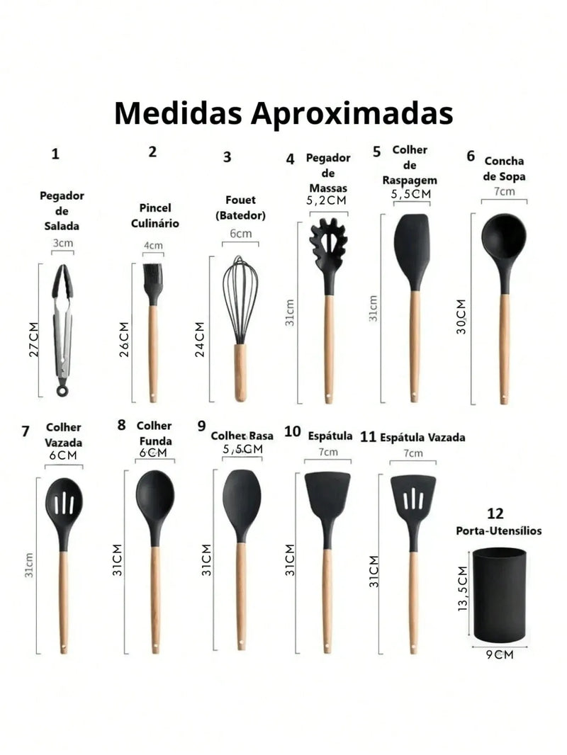 Kit de Utensílios de Cozinha em Silicone 12 Peças Jogo Conjunto Completo Casa