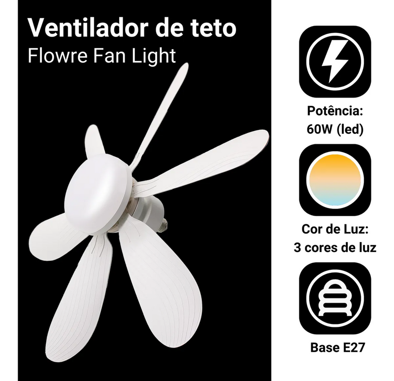 Ventilador de Teto E27 com Lâmpada LED Ajustável – 60W Bivolt Branco